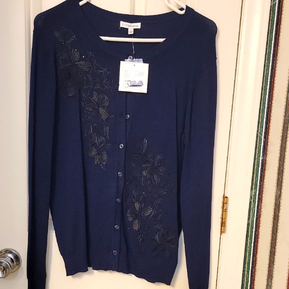 Dressy Navy Embroidered Cardigan NWT